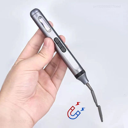 Hand holding a metallic tool with a magnetic head on a light gray background