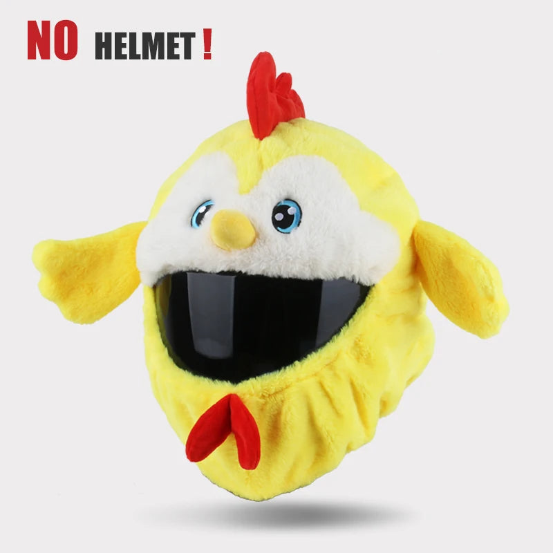 Yellow chicken helmet cover with a black face on a white background, accompanied by 'NO HELMET!' text.