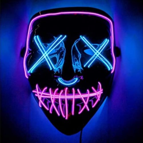 Neon LED mask with blue and pink lights on a dark background