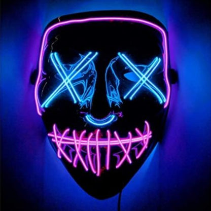 Neon LED mask with blue and pink lights on a dark background