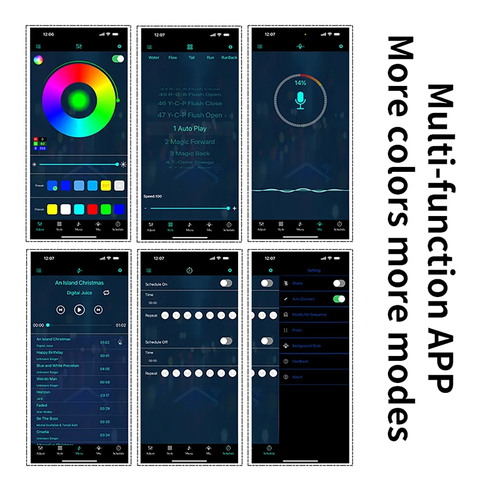 Multifunctional app interface with various screens on a white background