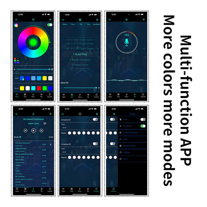 Multifunctional app interface with various screens on a white background