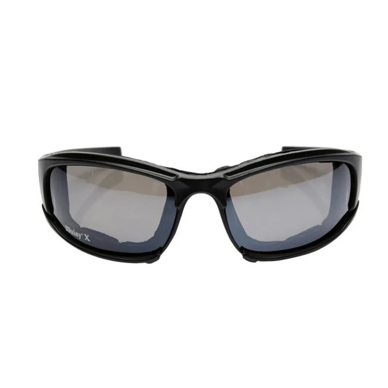 Black sunglasses with reflective lenses on a white background