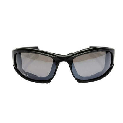 Black sunglasses with reflective lenses on a white background