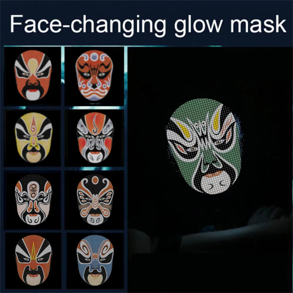 Collection of face-changing glow masks with a green mask on display.