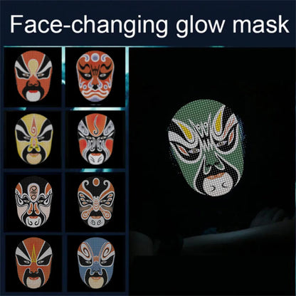 Collection of face-changing glow masks with a green mask on display.