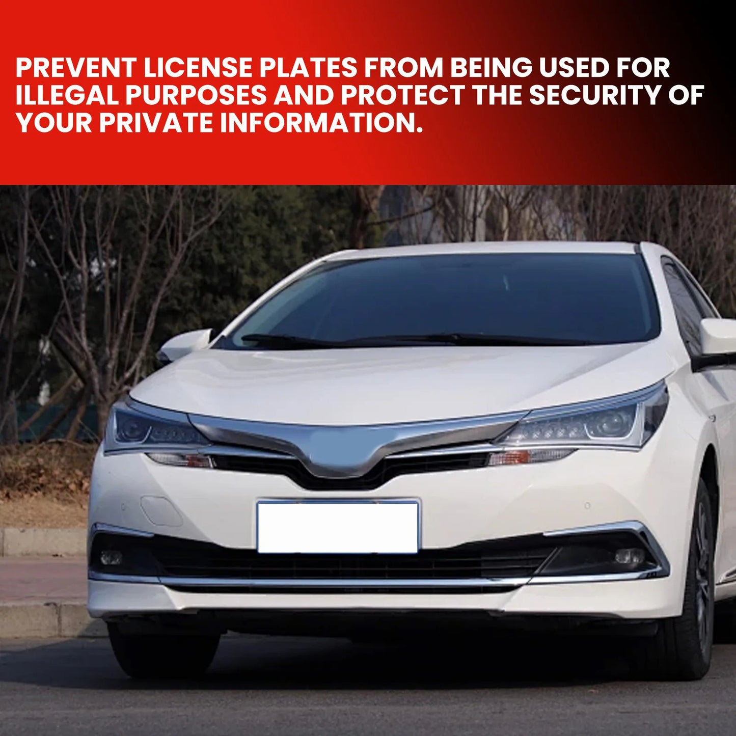 White car with a blurred license plate on a road, with text about preventing license plate misuse.