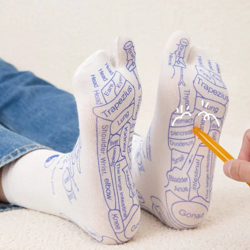 White socks with blue anatomical diagrams on a white background