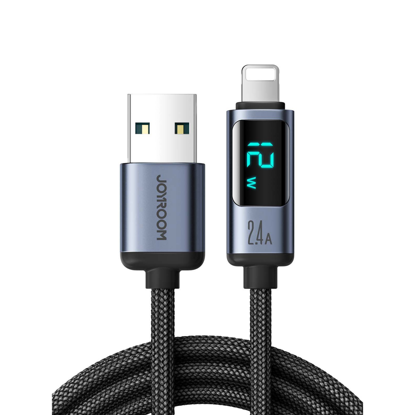 Black charging cable with digital display on a white background