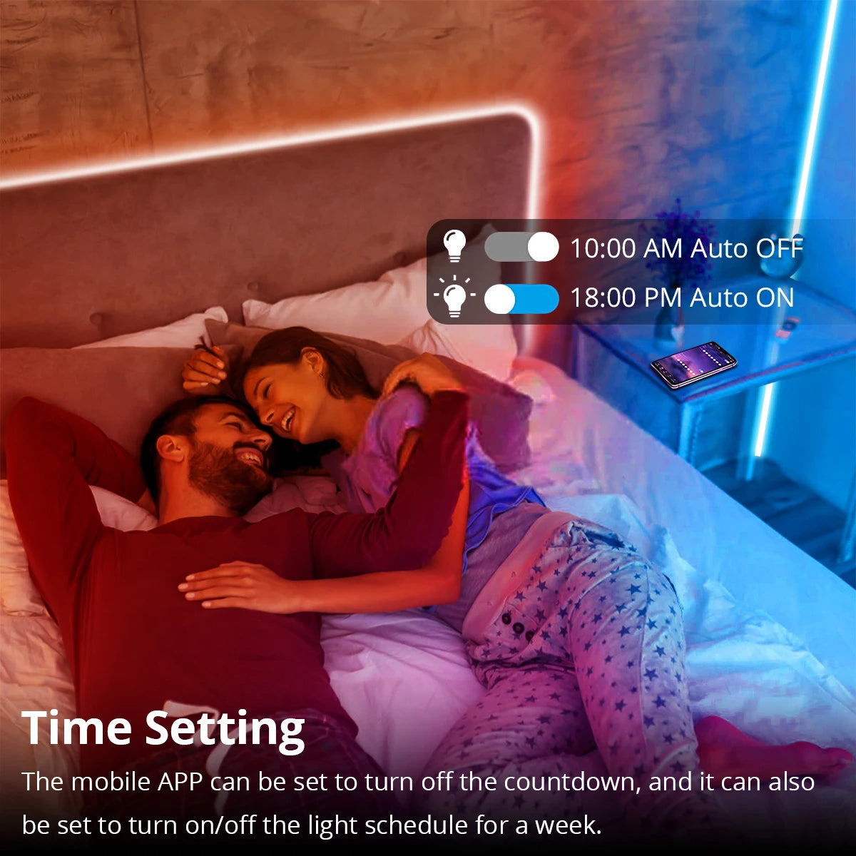 Couple in bed with smartphone displaying time setting app, showing sleep schedule.