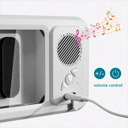 White microwave with a speaker and volume control buttons, featuring musical notes.