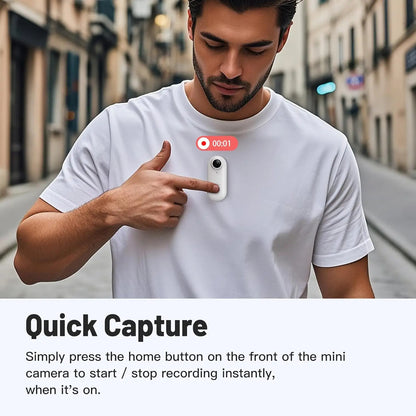 Man pointing to a small camera on his chest with text about 'Quick Capture'.