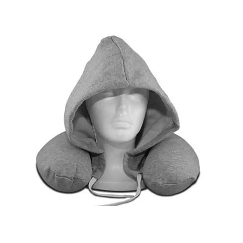 Gray hooded travel pillow on a mannequin head against a white background