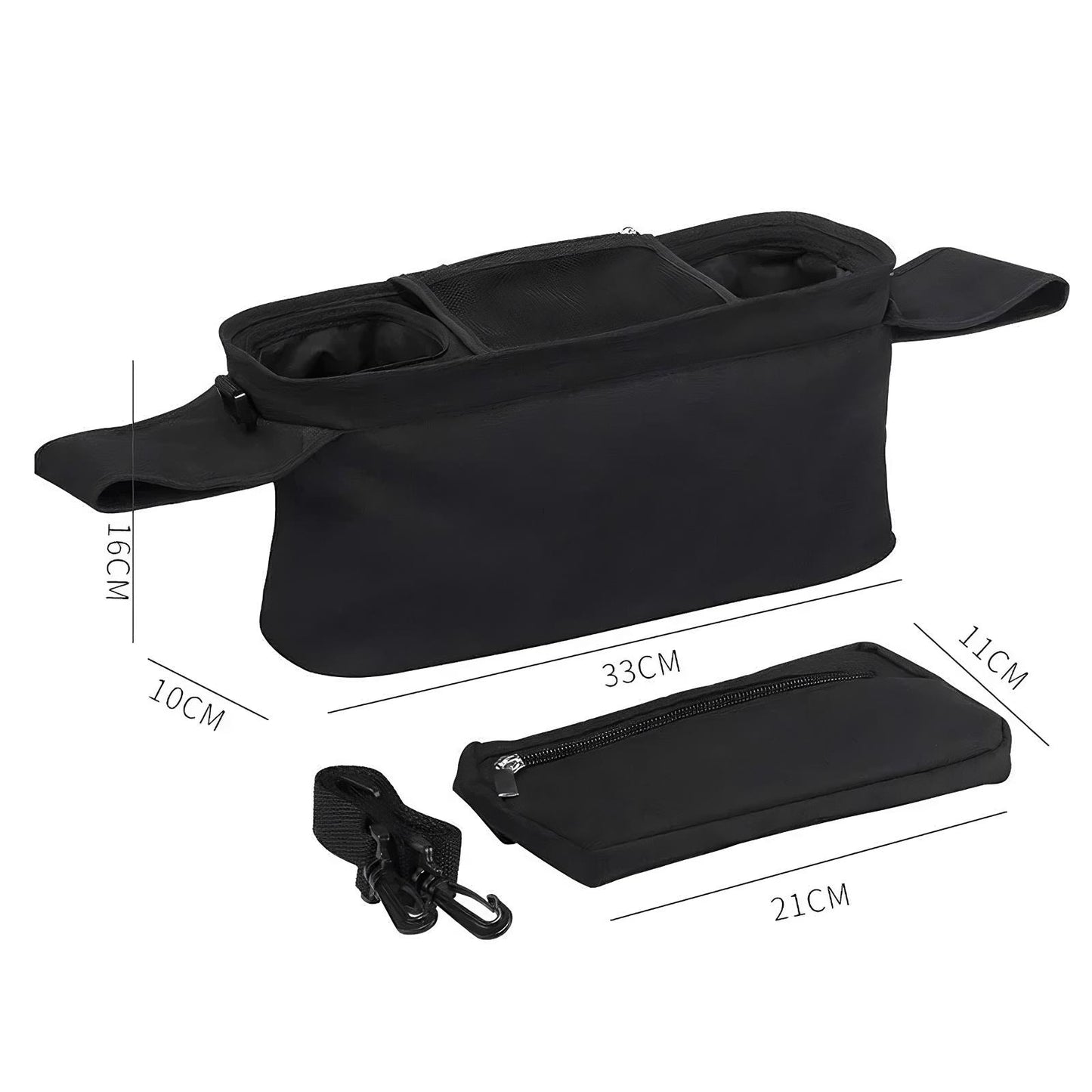 Black waist bag with measurements on a white background