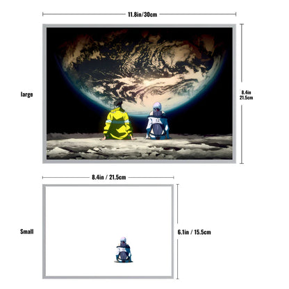 Two people sitting on the moon with Earth in the background, with dimensions displayed.