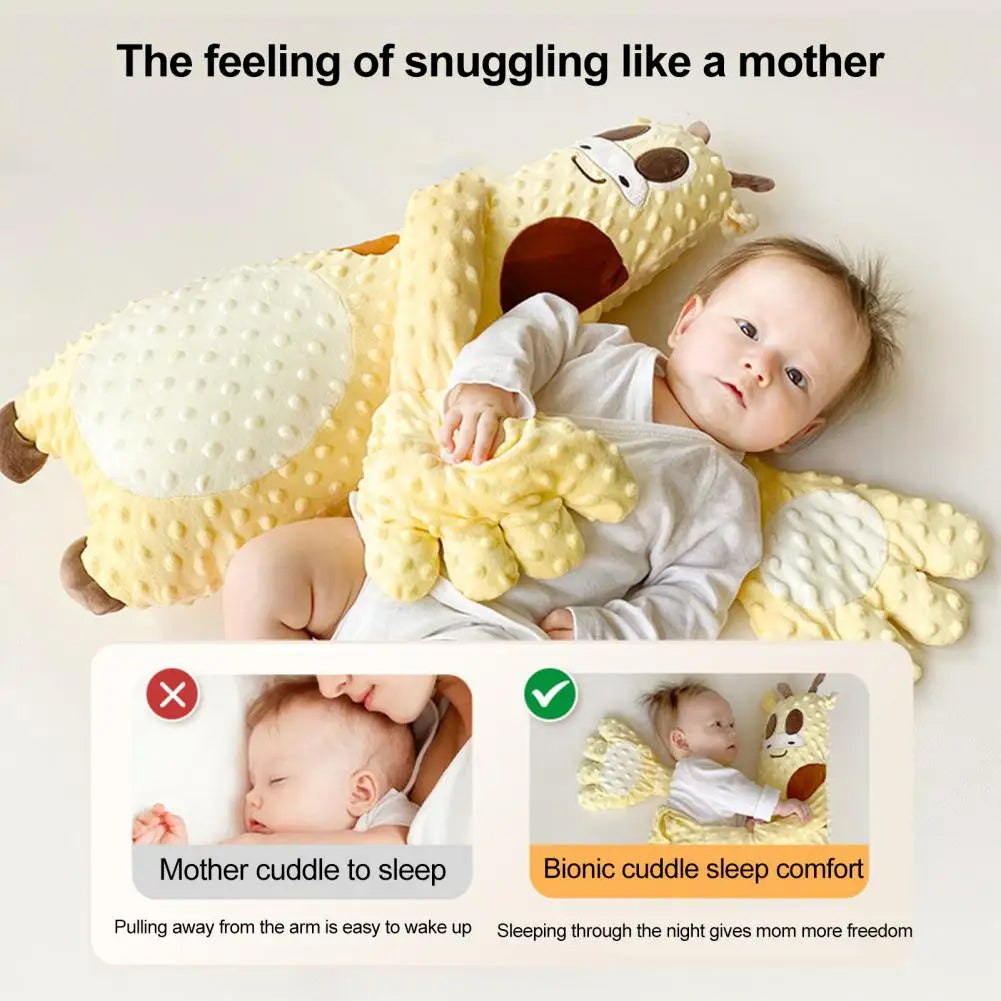Baby lying on a yellow bionic cuddle sleep comfort toy with text about snuggling like a mother.