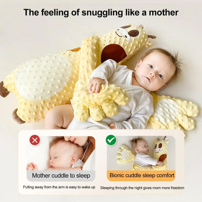 Baby lying on a yellow bionic cuddle sleep comfort toy with text about snuggling like a mother.