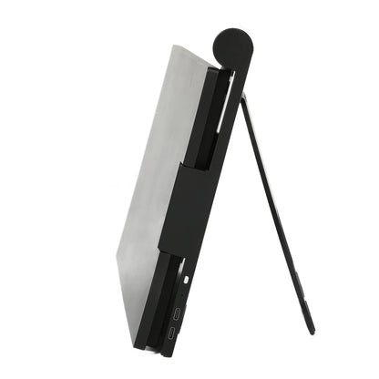 Black and silver electronic device with a stand on a white background