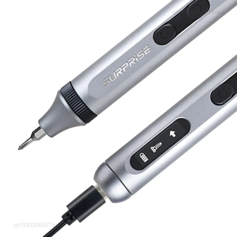 Silver electronic screwdriver with 'Surprise' branding on a white background