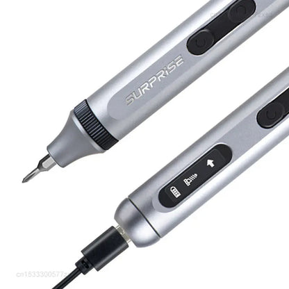 Silver electronic screwdriver with 'Surprise' branding on a white background