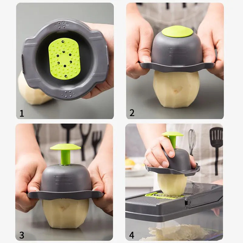 Step-by-step process of using a kitchen tool to slice potatoes.