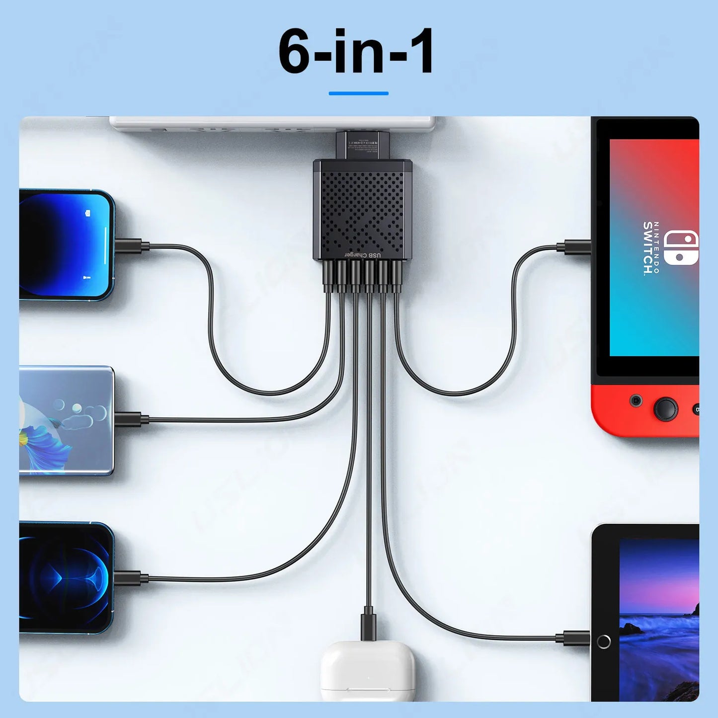 6-in-1 multi-device charging hub with multiple devices connected on a light blue background