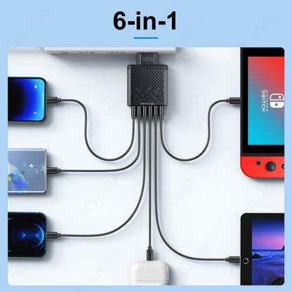 6-in-1 multi-device charging hub with multiple devices connected on a light blue background