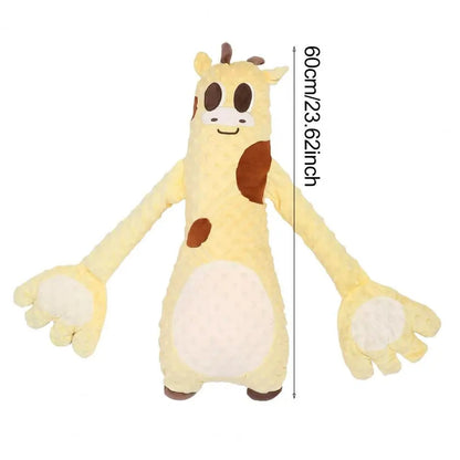Plush toy giraffe with measurement label on a white background