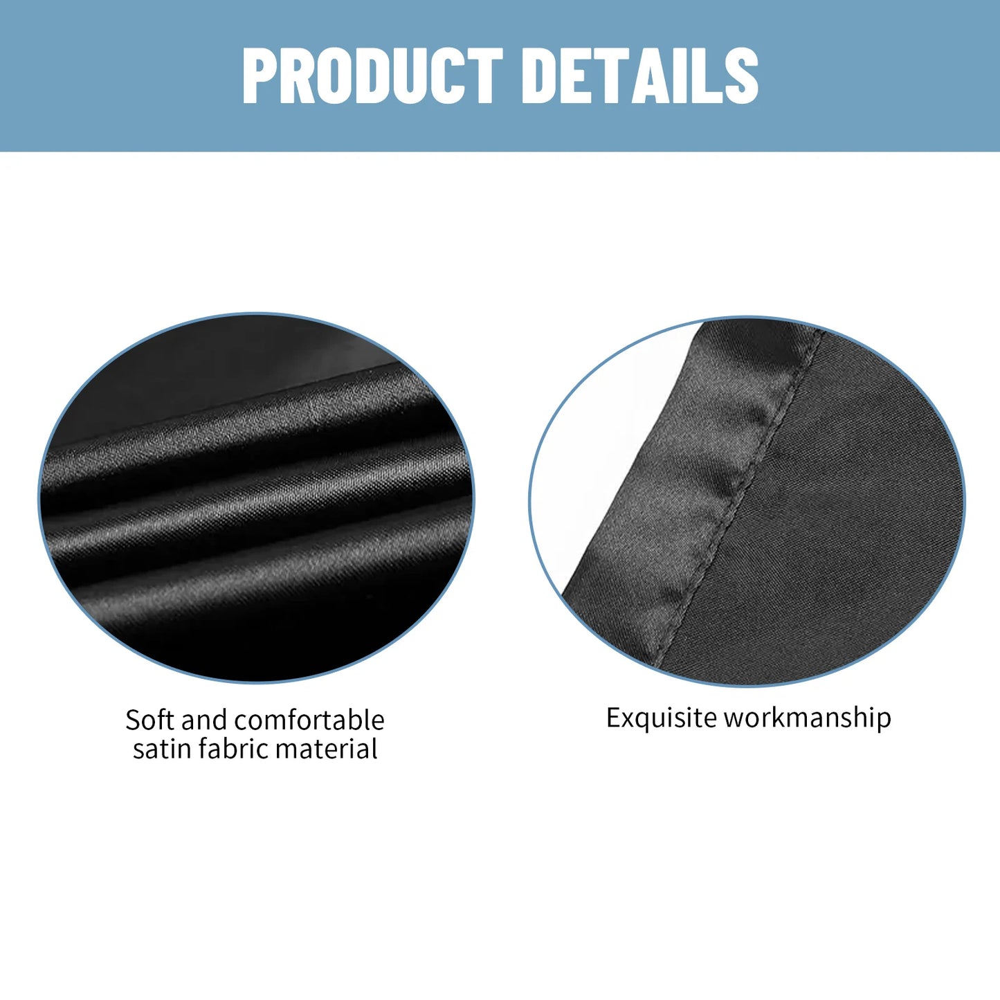 Product details of black satin fabric material with close-up views and text on a white background.