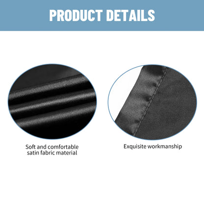 Product details of black satin fabric material with close-up views and text on a white background.