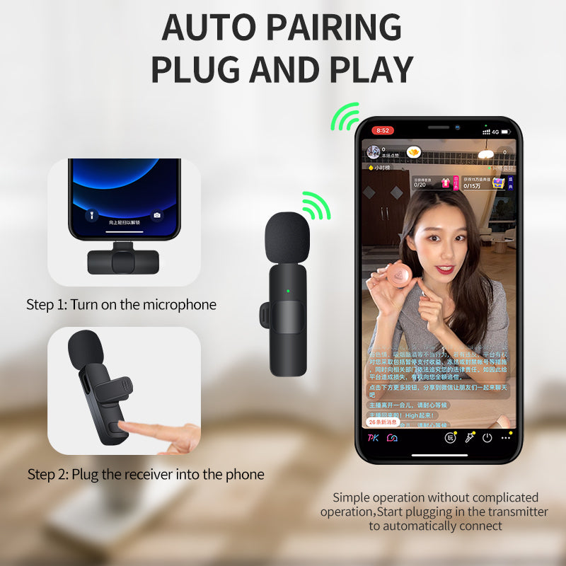 Microphone setup with smartphone displaying a video call, featuring auto pairing and plug and play functionality.