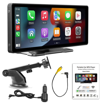 Portable car MP5 player with screen, mount, cable, and car adapter on a white background
