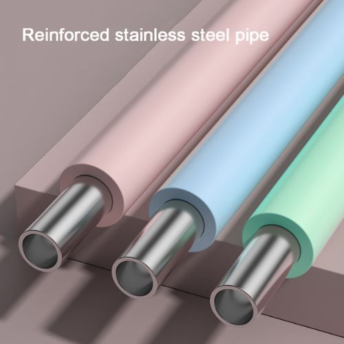 Three reinforced stainless steel pipes in pink, blue, and green on a gray background.