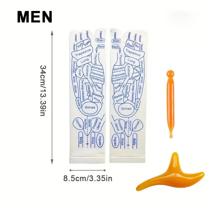 Two footmaps for men with labeled body parts and a small orange tool on a white background.