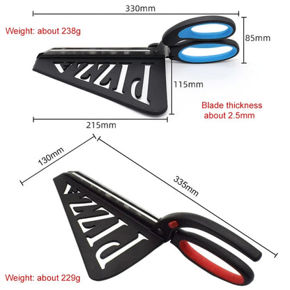 Two pizza cutters with measurements and weight details on a white background