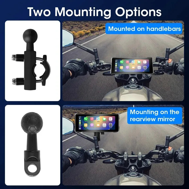 Motorcycle phone mount with two mounting options on handlebars and rearview mirror, displayed on a road background.