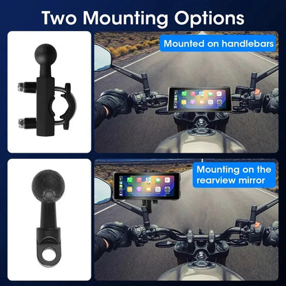 Motorcycle phone mount with two mounting options on handlebars and rearview mirror, displayed on a road background.