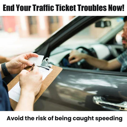 Person writing on a traffic ticket with a car in the background, text about avoiding speeding tickets.