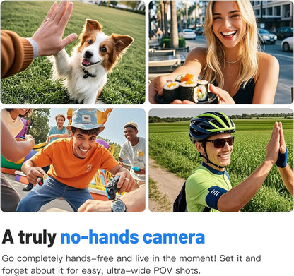 Collage of people and a dog with text about a no-hands camera.