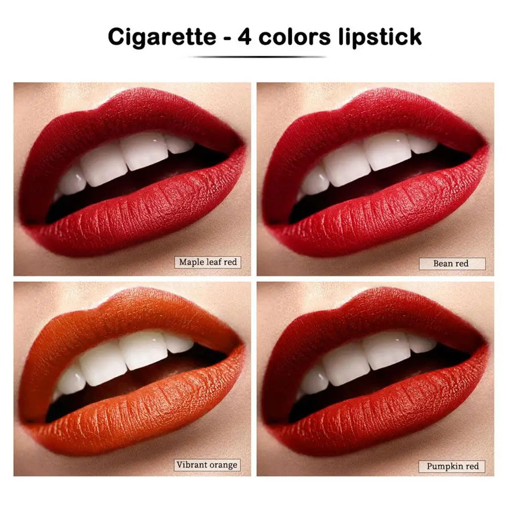 Four different shades of lipstick on lips with labels 'Maple leaf red', 'Bean red', 'Vibrant orange', and 'Pumpkin red'.