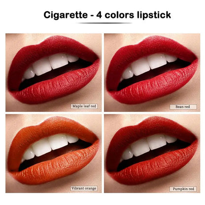 Four different shades of lipstick on lips with labels 'Maple leaf red', 'Bean red', 'Vibrant orange', and 'Pumpkin red'.
