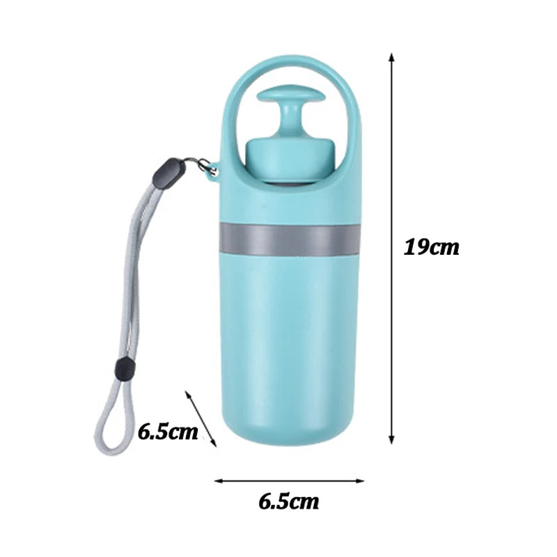 Light blue water bottle with measurements on a white background