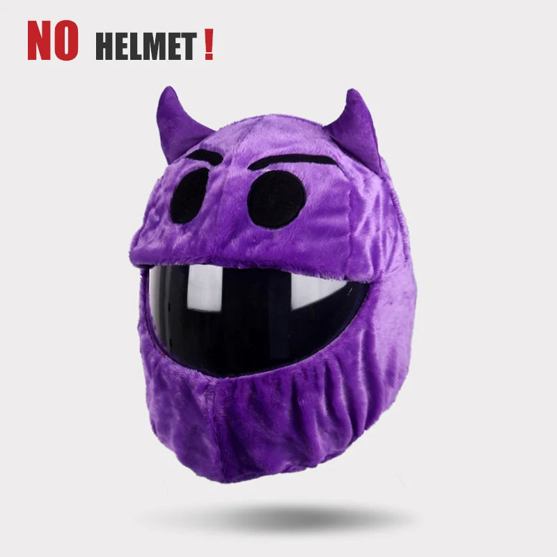 Purple cartoon helmet with horns and a wide mouth on a gray background