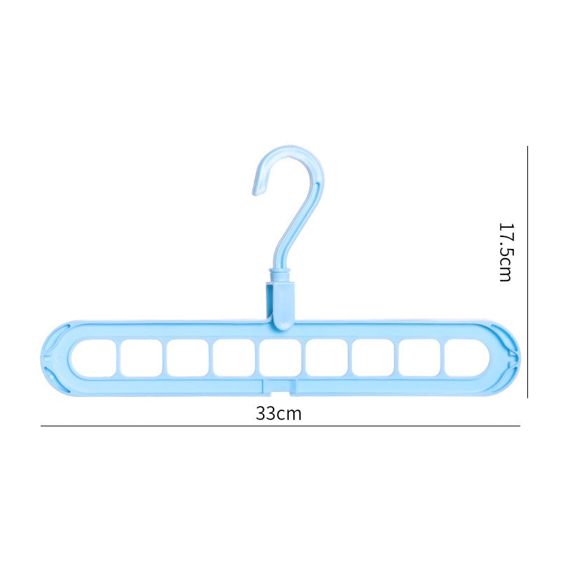 Blue plastic hanger with measurement details on a white background