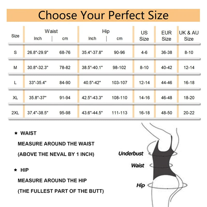 Size chart for measuring waist, hip, and body sizes with conversion to other measurement systems.