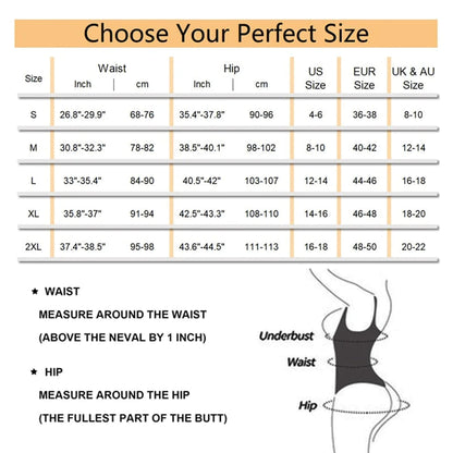 Size chart for measuring waist, hip, and body sizes with conversion to other measurement systems.