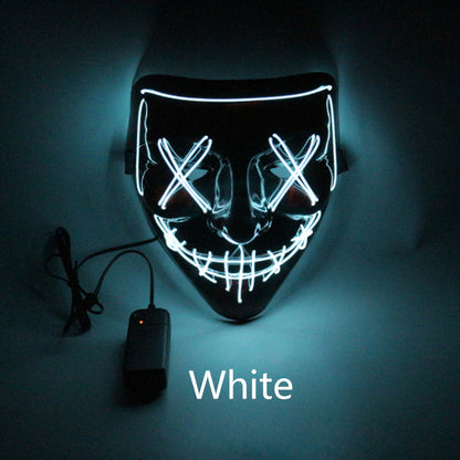 Black mask with white LED lights and power adapter on a dark background