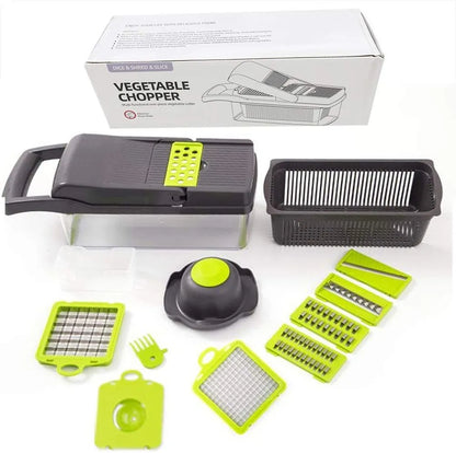 Vegetable chopper set with attachments and packaging on a white background