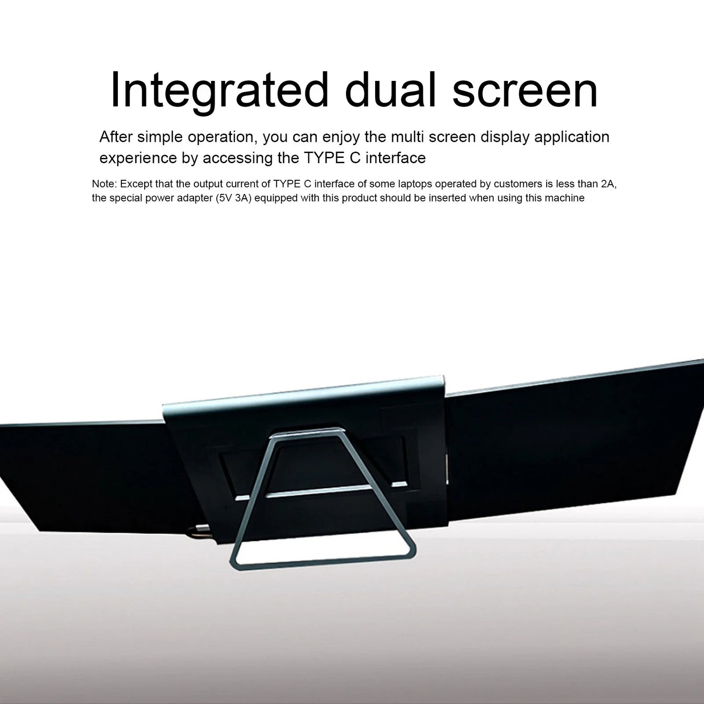 Integrated dual screen display with stand on a white background
