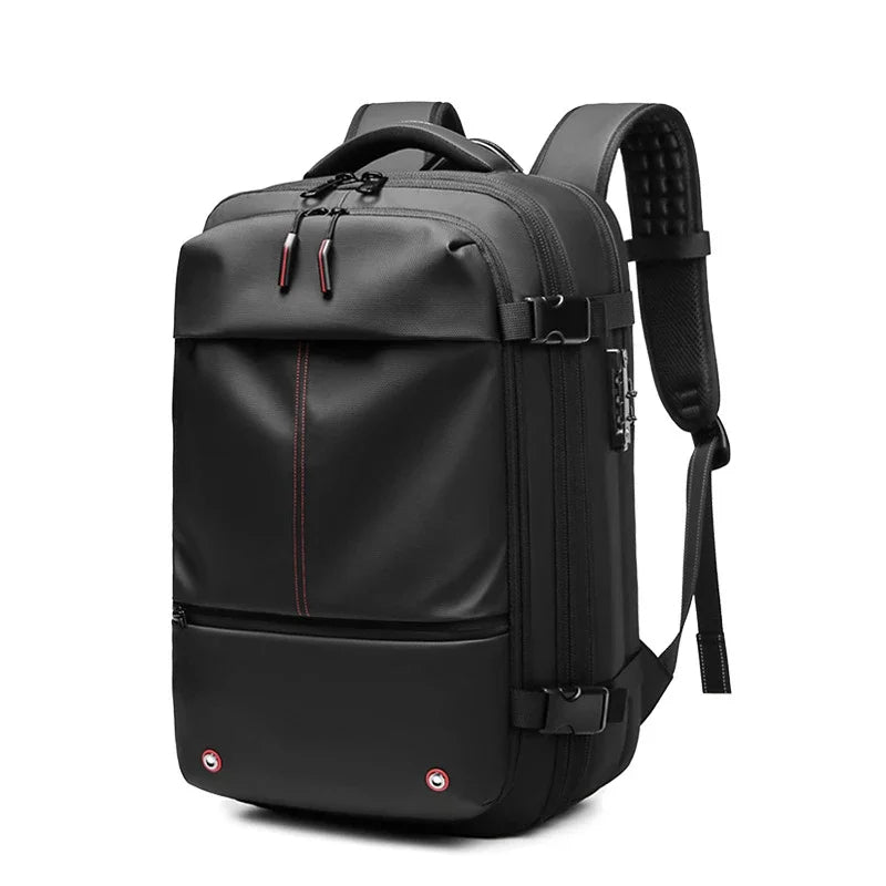 Black backpack with multiple straps and zippers on a white background